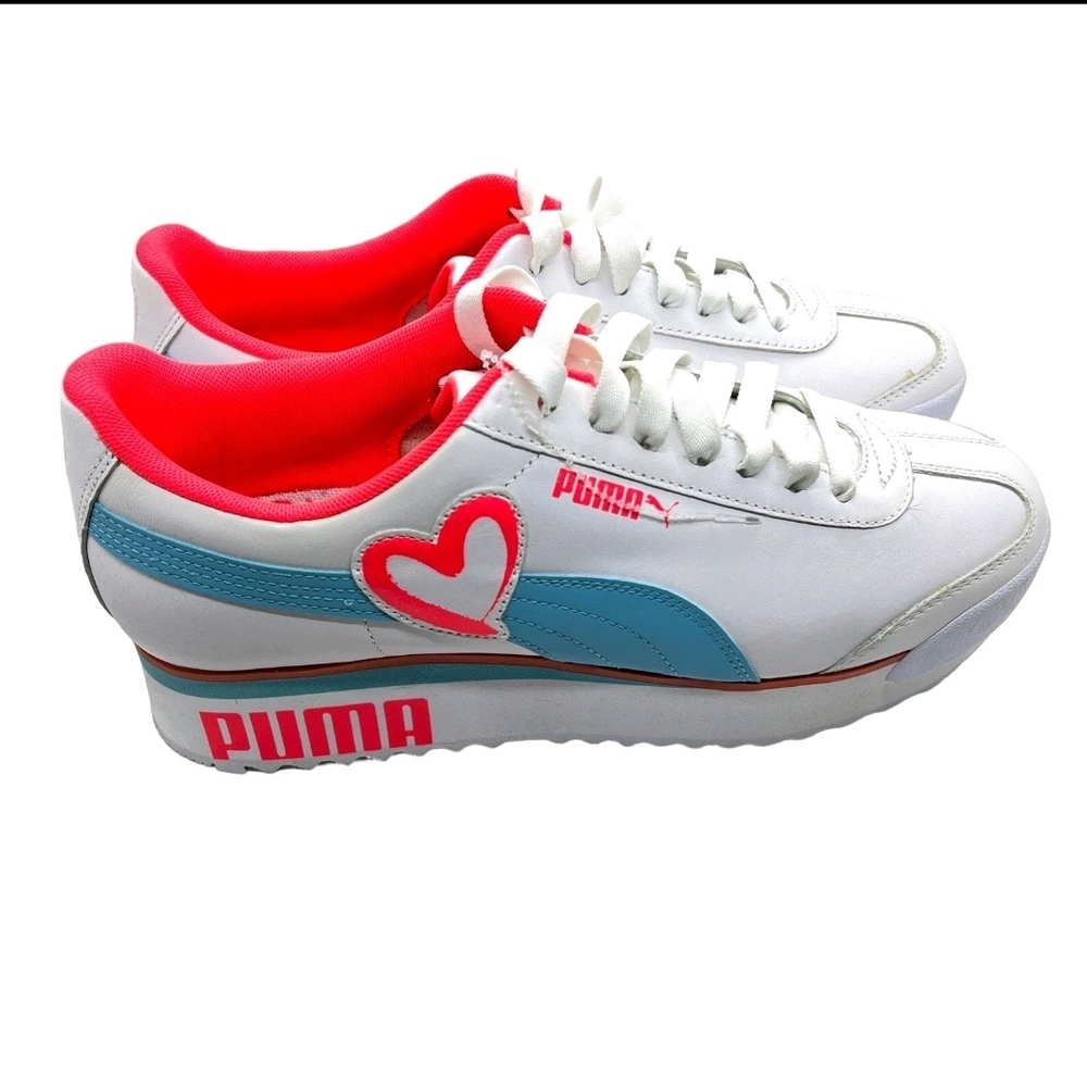 Puma Women's White Sneakers with Blue and Pink Details